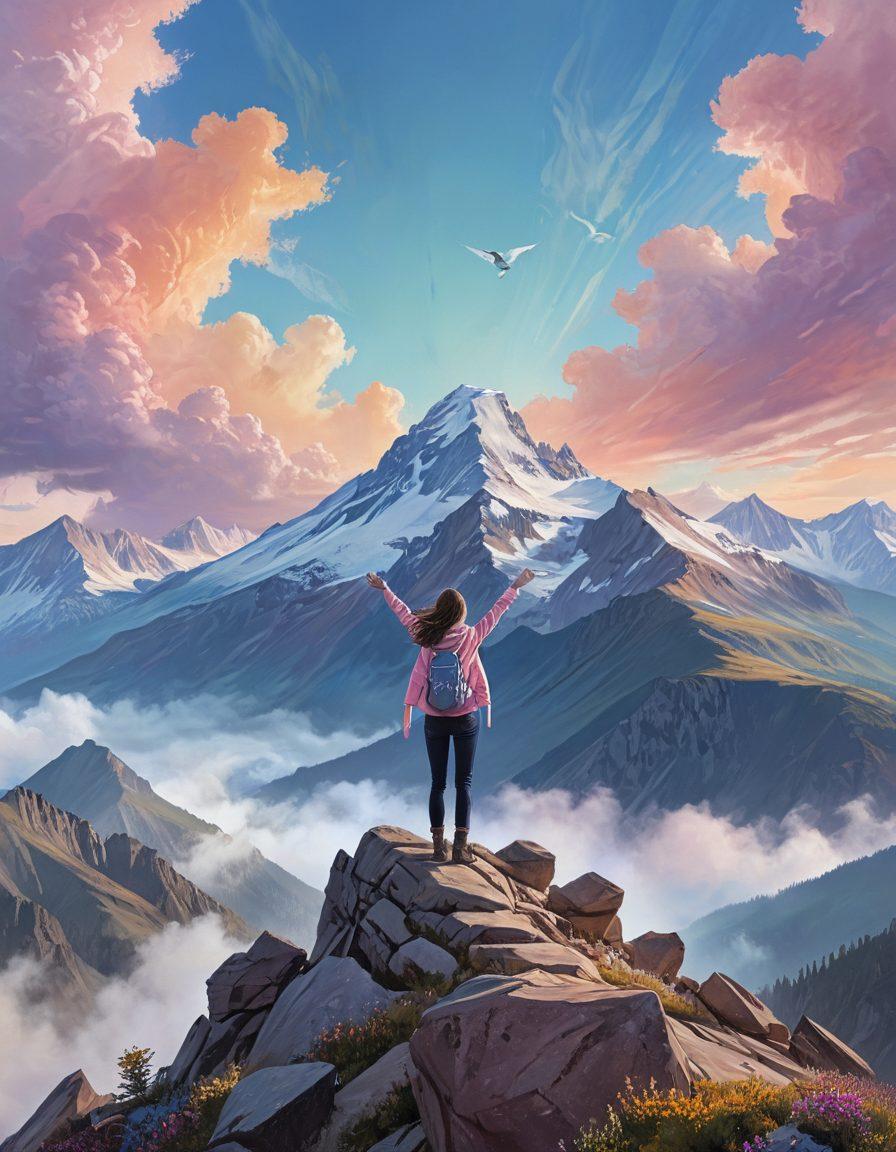 A confident woman standing on top of a mountain, looking out at a vast landscape, symbolizing empowerment. Surround her with icons representing various types of insurance such as health, life, and auto. Include soft pastel colors to evoke a sense of calm and assurance. The scene should convey strength, freedom, and security. painterly style. soft colors. inspirational.