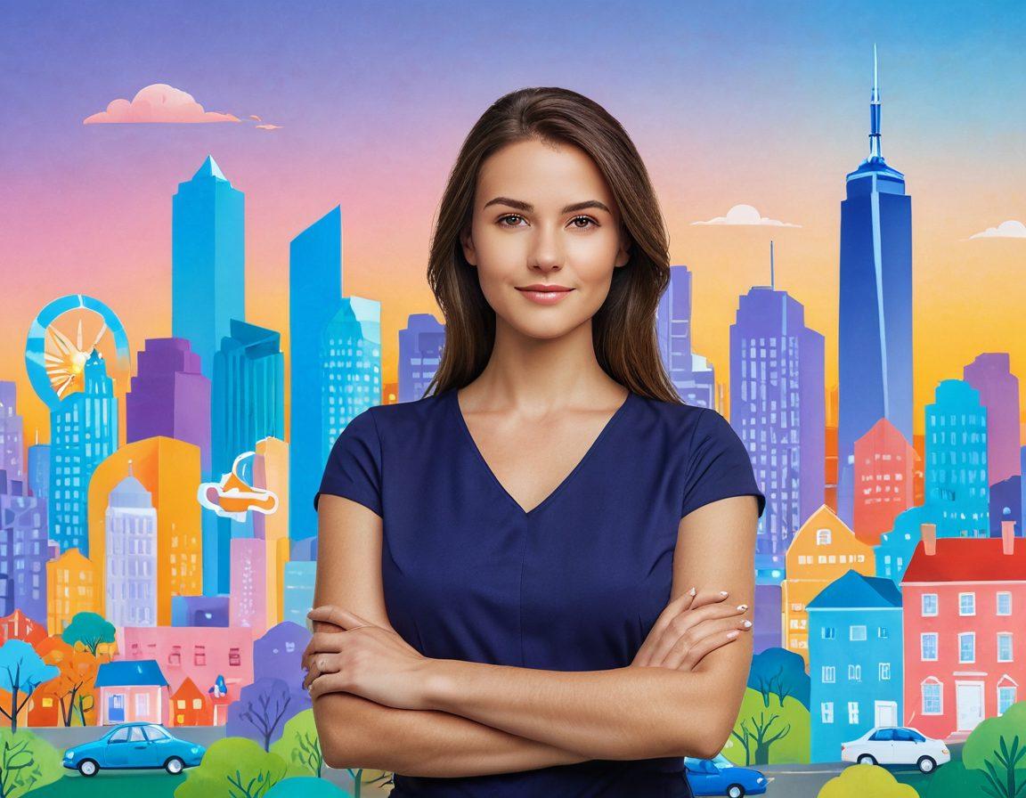 A confident woman standing with her arms crossed, surrounded by symbols of various insurance plans like health, car, and home icons. The background features a city skyline, symbolizing a bright future. Soft pastel colors with a touch of gold for an empowering vibe. Focus on empowerment and security. super-realistic. vibrant colors.
