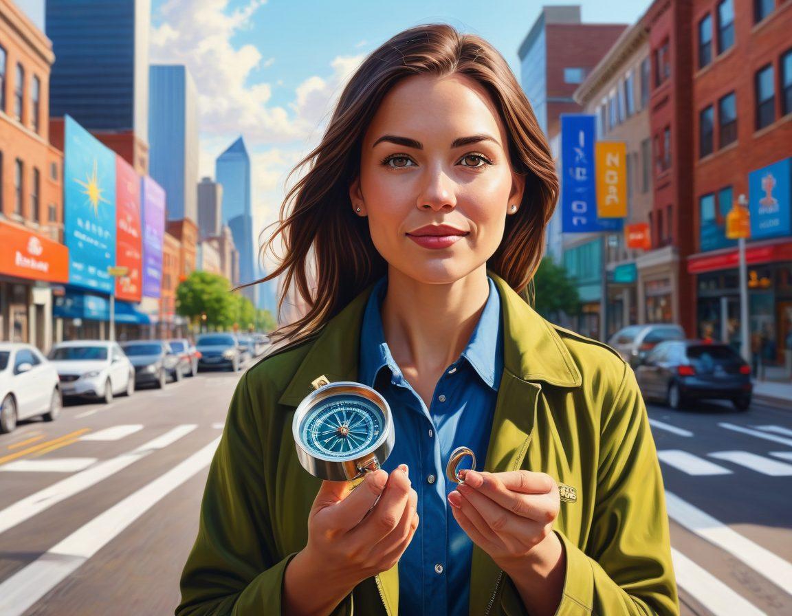 A confident woman standing at a crossroad, holding a compass, symbolizing navigation towards her financial future. Surround her with icons representing different insurance solutions like health, life, and property with a backdrop of a sunlit city skyline. Emphasize empowerment and clarity in her expression. Use vibrant colors to evoke enthusiasm and positivity. super-realistic. vibrant colors. white background.